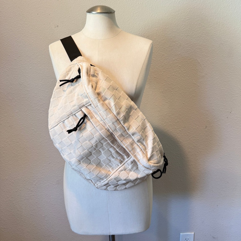 Cream Woven Checkerboard Oversized Crossbody Sling Bag Crescent Utility Pack